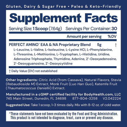 BodyHealth PerfectAmino Powder - BCAA and EAA Powder for Pre and Post Workout - Lemon Lime