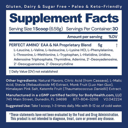 BodyHealth PerfectAmino Powder - BCAA and EAA Powder for Pre and Post Workout - Mixed Berry