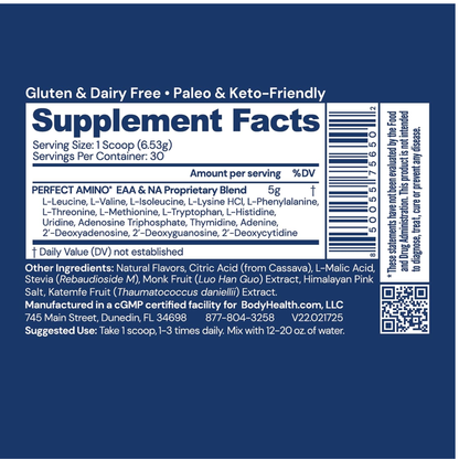 BodyHealth PerfectAmino Powder - BCAA and EAA Powder for Pre and Post Workout - Strawberry