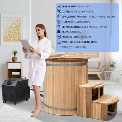 Zonemel Wooden Ice Bath Barrel Tub, 1HP Chiller, Canadian Red Cedar Cold Plunge Tub