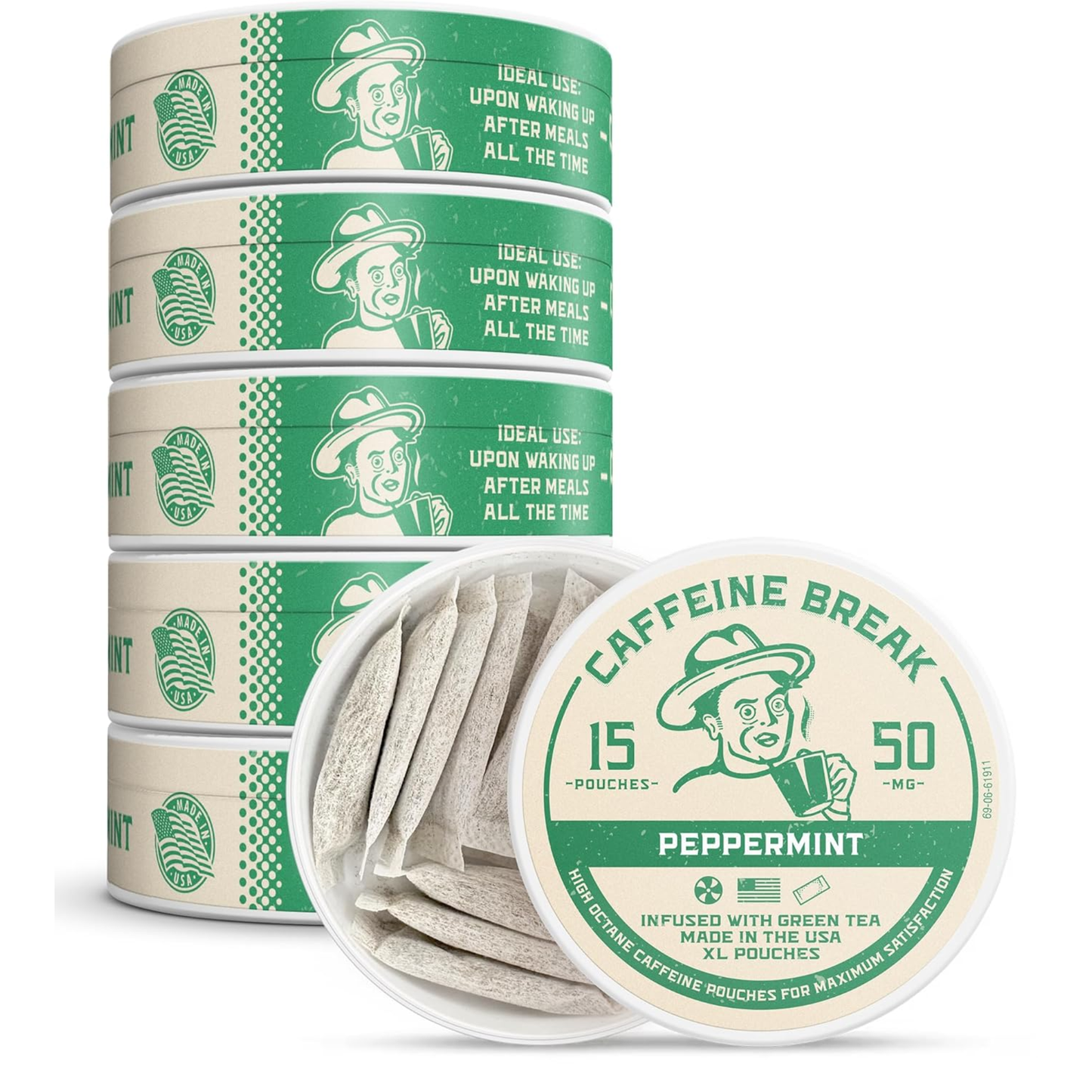 ALP Supply Co - Peppermint Caffeine Pouches - 5 Pack, 15 Pouches Each | Includes 50mg Caffeine Per XL Pouch, Peppermint Flavor