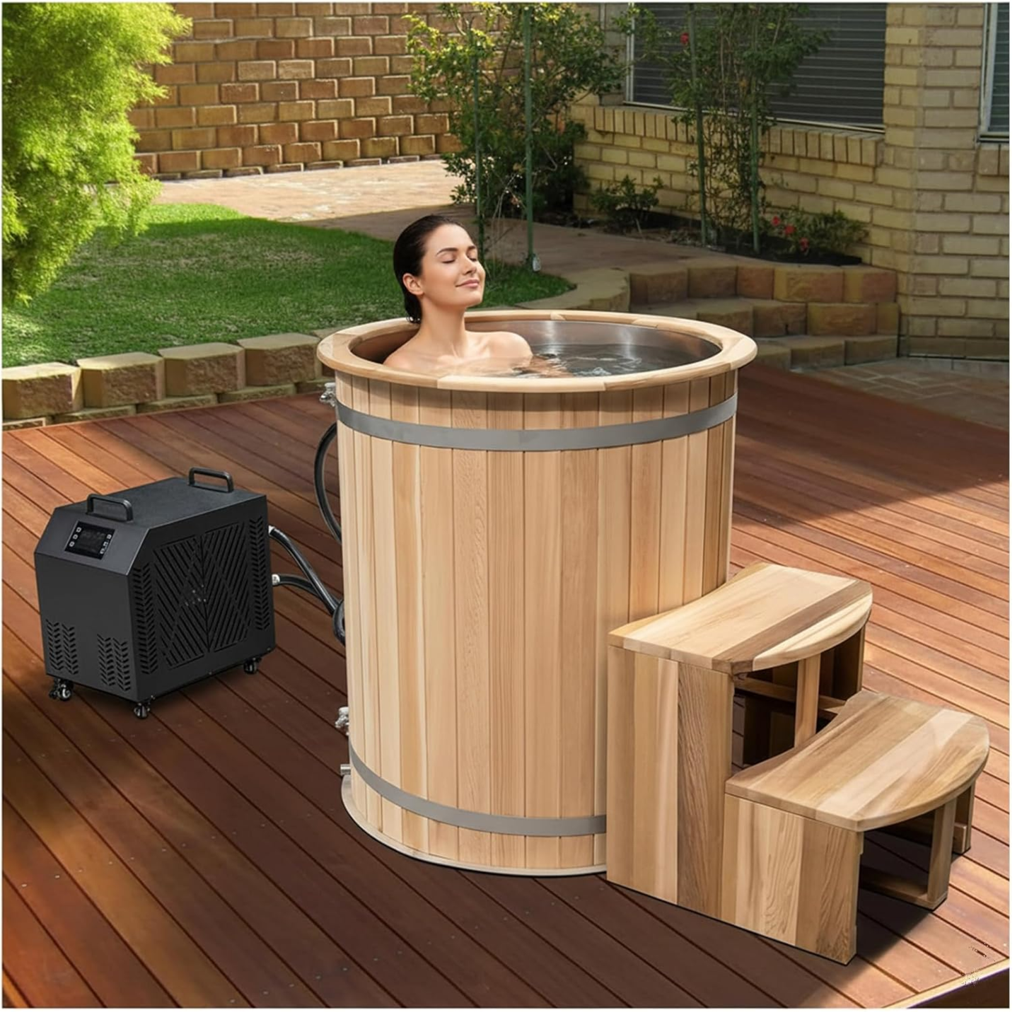 Zonemel Wooden Ice Bath Barrel Tub, 1HP Chiller, Canadian Red Cedar Cold Plunge Tub