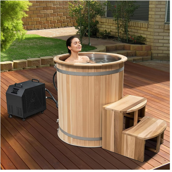 Zonemel Wooden Ice Bath Barrel Tub, 1HP Chiller, Canadian Red Cedar Cold Plunge Tub