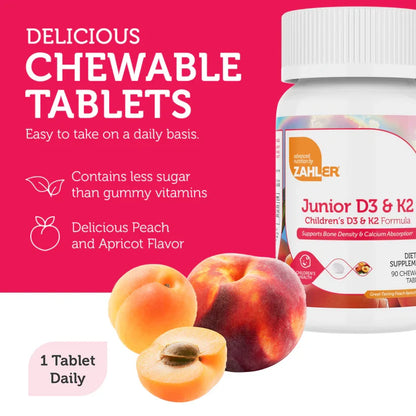 Zahler Junior D3 & K2™ – Children’s D3 & K2 Formula | Supports Bone Density & Calcium Absorption | 90 Chewable Tablets