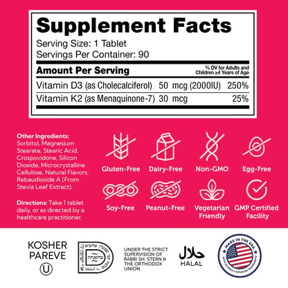 Zahler Junior D3 & K2™ – Children’s D3 & K2 Formula | Supports Bone Density & Calcium Absorption | 90 Chewable Tablets