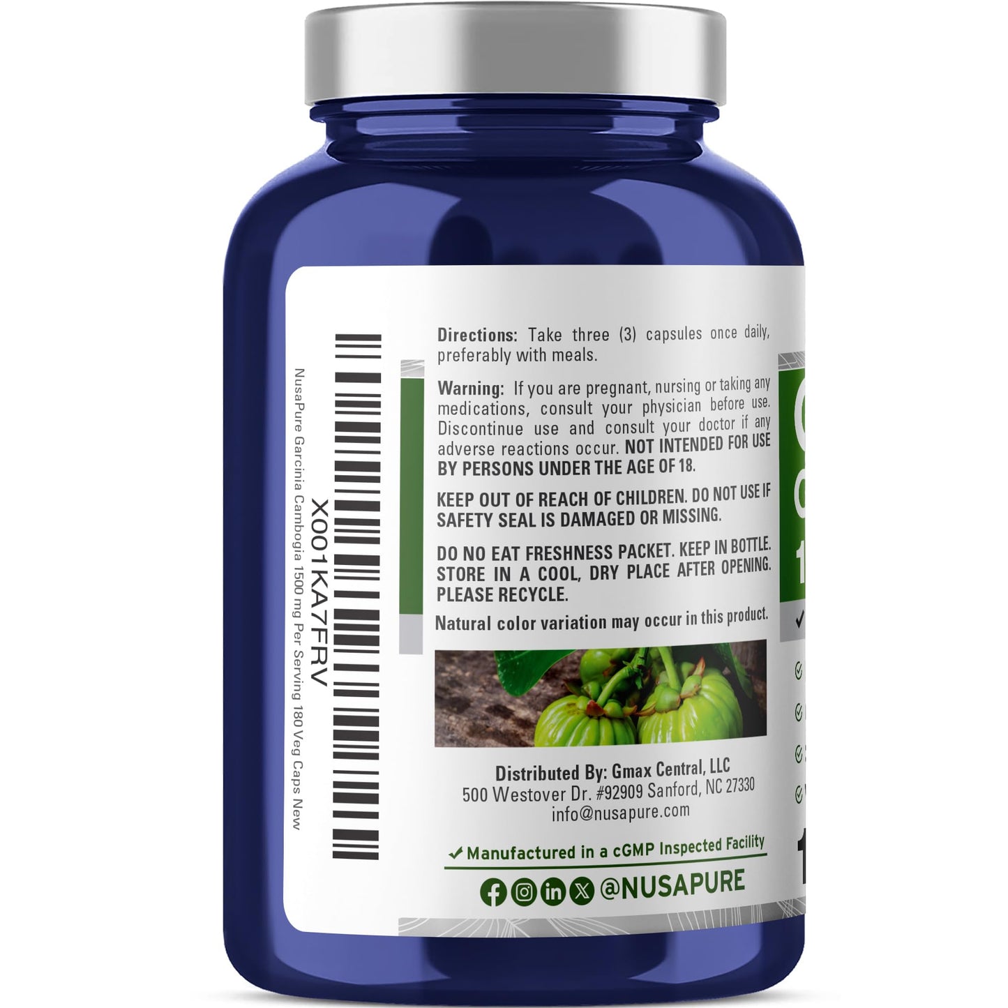 NusaPure Garcinia Cambogia 180 Veggie Capsules 1500mg (Vegetarian, Non-GMO, Vegan)