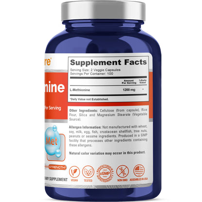 NusaPure L Methionine 1200mg | 200 Capsules | Non-GMO | Vegan Supplement