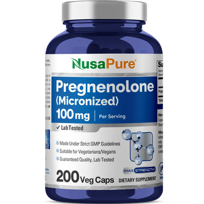 NusaPure Pregnenolone (Micronized) 100 mg Per Serving 200 Veg Caps Dietary Supplement Vegan, Non-GMO