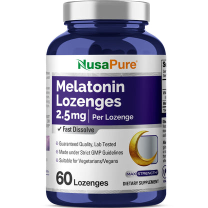 NusaPure Melatonin Lozenges with Vitamin B6 - Fast Dissolving, Suitable for Vegetarian/Vegan, Non-GMO - 2.5mg - 60 Counts