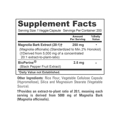 NusaPure Magnolia Bark 20:1 Extract, 250 mg 200 Vegan Vegetarian Capsules Non-GMO