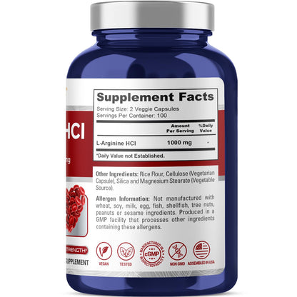 NusaPure L-Arginine 1000 mg 200 Veggie Capsules (Non-GMO, Vegetarian, Vegan)