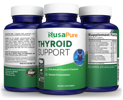 NusaPure Thyroid Support Supplement (Non-GMO) 120 caps, Ashwaganda, Iodine, Zinc, kelp, Vitamin B12, L-Tyrosine, Selenium, Copper