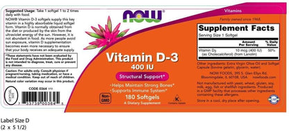 NOW Vitamin D-3 400IU, 180 Softgels (Pack of 3)