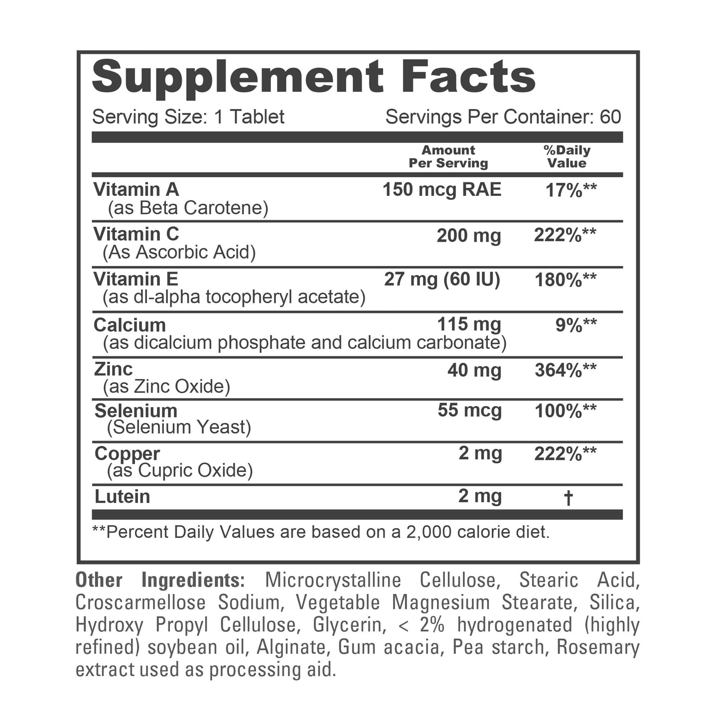 NusaPure Vision Support Nutrients with Vitamin A, C, E, Calcium, Zinc, Selenium, Copper, Lutein 60 Tablets Non-GMO Dietary Supplement