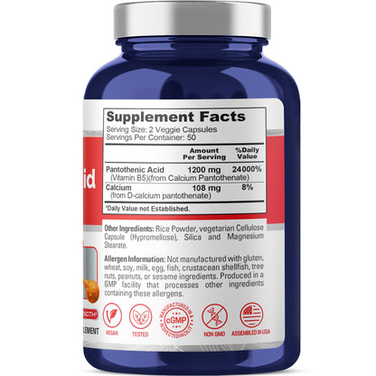 NusaPure Vitamin B5 Pantothenic Acid 1,200mg Per Serving 100 Caps Vegetarians Vegans, Non-GMO Dietary Supplement
