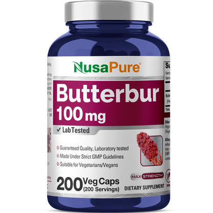 NusaPure Butterbur Extract 100mg per caps 200 Veggie Capsules (Non-GMO, Vegetarian, Vegan)