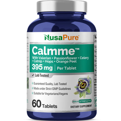 NusaPure Calmme with Valerian Passion Flower Celery Catnip Hops Orange Peel 395 mg 60 Per Tablet Vegetarian/Vegan, Non-GMO