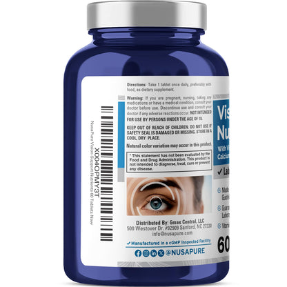 NusaPure Vision Support Nutrients with Vitamin A, C, E, Calcium, Zinc, Selenium, Copper, Lutein 60 Tablets Non-GMO Dietary Supplement