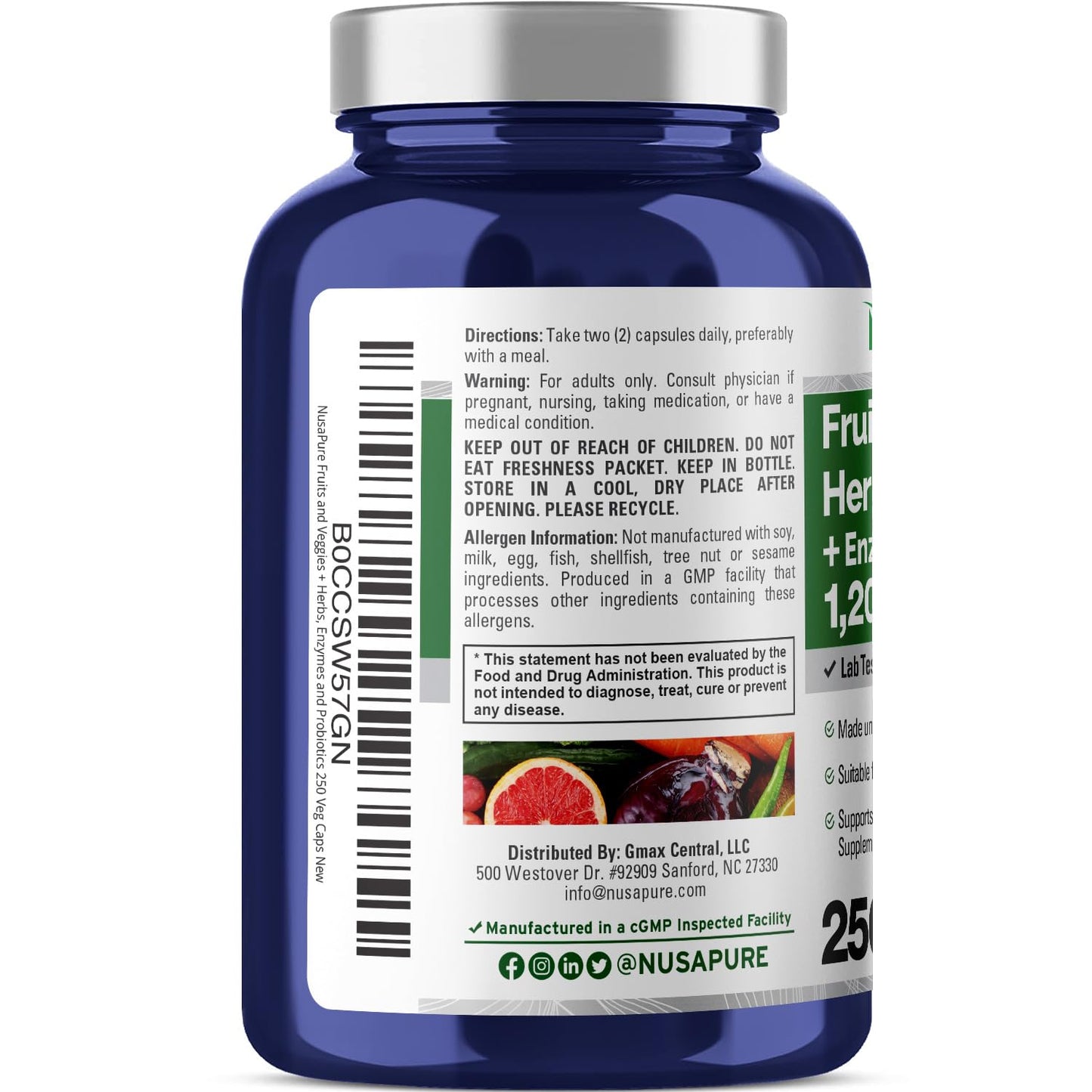 NusaPure Fruits and Veggies Supplement 1200 mg 250 Capsules - 43 Fruits & Vegetables,11 Enzymes, Probiotics (Vegan/Vegetarian, Non-GMO)