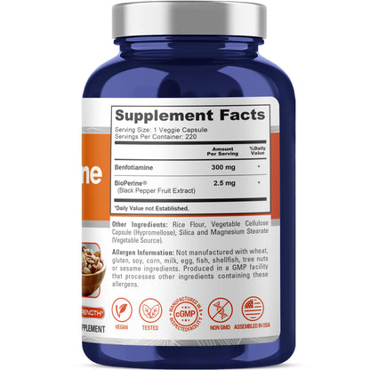 NusaPure Benfotiamine 300mg Per Veggie Caps 220 Count (Non-GMO, Vegan) Bioperine