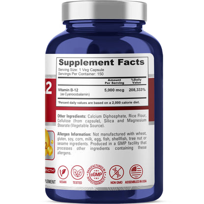 NusaPure Vitamin B12-5000 MCG 150 Veggie Capsules (Non-GMO, Vegan) - Max Strength Vitamin B12