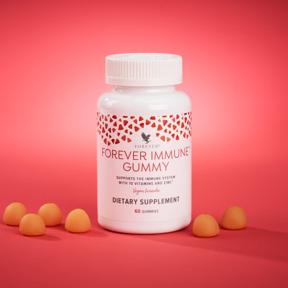 Forever Immune Gummy supplements blend of 10 vitamins and zinc with a naturally sweet tropical fruit flavor.