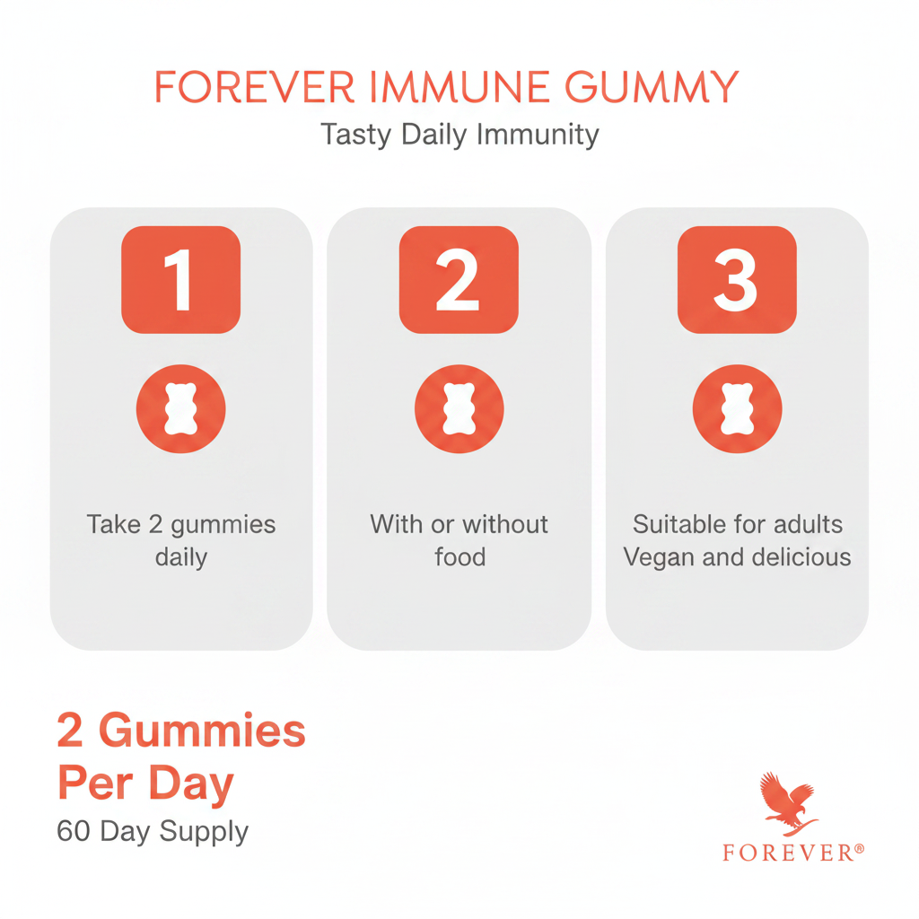 Forever Immune Gummy supplements blend of 10 vitamins and zinc with a naturally sweet tropical fruit flavor.