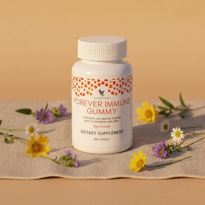 Forever Immune Gummy supplements blend of 10 vitamins and zinc with a naturally sweet tropical fruit flavor.