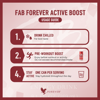 Forever FAB a delicious mild berry flavor and is made with a combination of B vitamins and guarana provides fast energy 8.4 fl.oz. (12 cans).