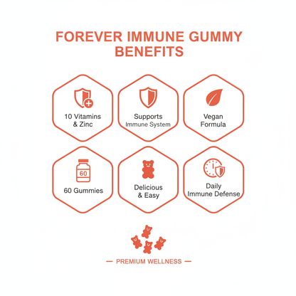 Forever Immune Gummy supplements blend of 10 vitamins and zinc with a naturally sweet tropical fruit flavor.