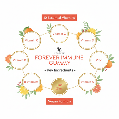 Forever Immune Gummy supplements blend of 10 vitamins and zinc with a naturally sweet tropical fruit flavor.