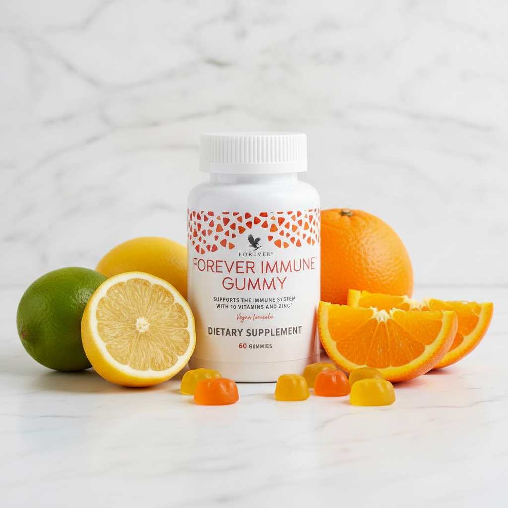 Forever Immune Gummy supplements blend of 10 vitamins and zinc with a naturally sweet tropical fruit flavor.