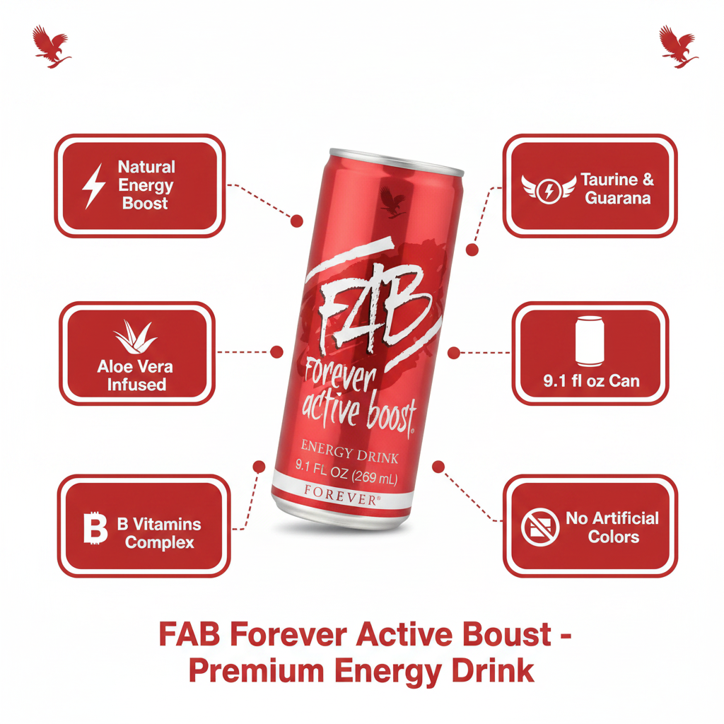 Forever FAB a delicious mild berry flavor and is made with a combination of B vitamins and guarana provides fast energy 8.4 fl.oz. (12 cans).