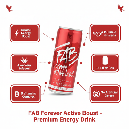 Forever FAB a delicious mild berry flavor and is made with a combination of B vitamins and guarana provides fast energy 8.4 fl.oz. (12 cans).