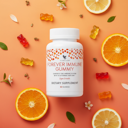 Forever Immune Gummy supplements blend of 10 vitamins and zinc with a naturally sweet tropical fruit flavor.