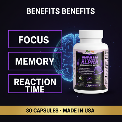 Brain Alpha™ – Daily Cognitive Support | Focus, Memory & Reaction Time | Bacopa, Alpha GPC & Huperzine A | 30 Caps