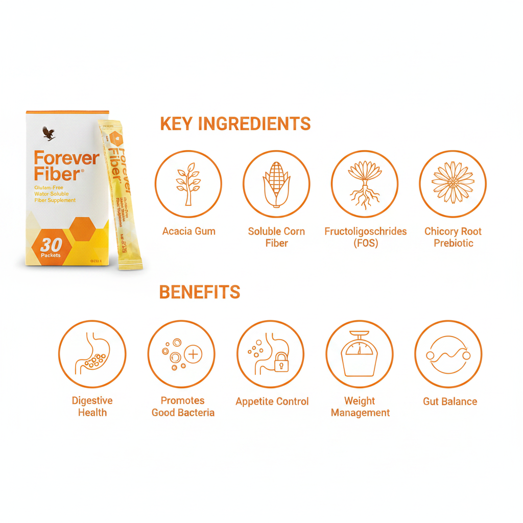 Forever Fiber These packets feature four types of fiber – including fructooligosaccharides, which is also a prebiotic 30packets
