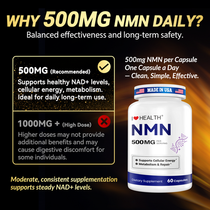 NMN 500mg – 99.9% Pure NMN Supplement, Boost NAD+ Levels, Cellular Energy & Healthy Aging Support, 60 Capsules, Third-Party Tested, NSF cGMP, Made in USA