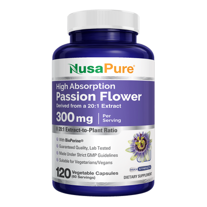 NusaPure Passion Flower 20:1 Extract, 300 mg, 120 Veggie Caps, Non-GMO, Bioperine, Extract Supplement