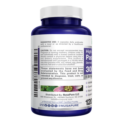 NusaPure Passion Flower 20:1 Extract, 300 mg, 120 Veggie Caps, Non-GMO, Bioperine, Extract Supplement